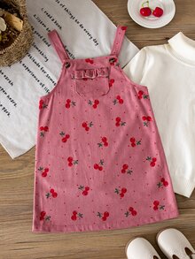 SHEIN 女童櫻桃圖案鈕扣背心洋裝 秋季少女設計款 - 粉色 - 查看 3