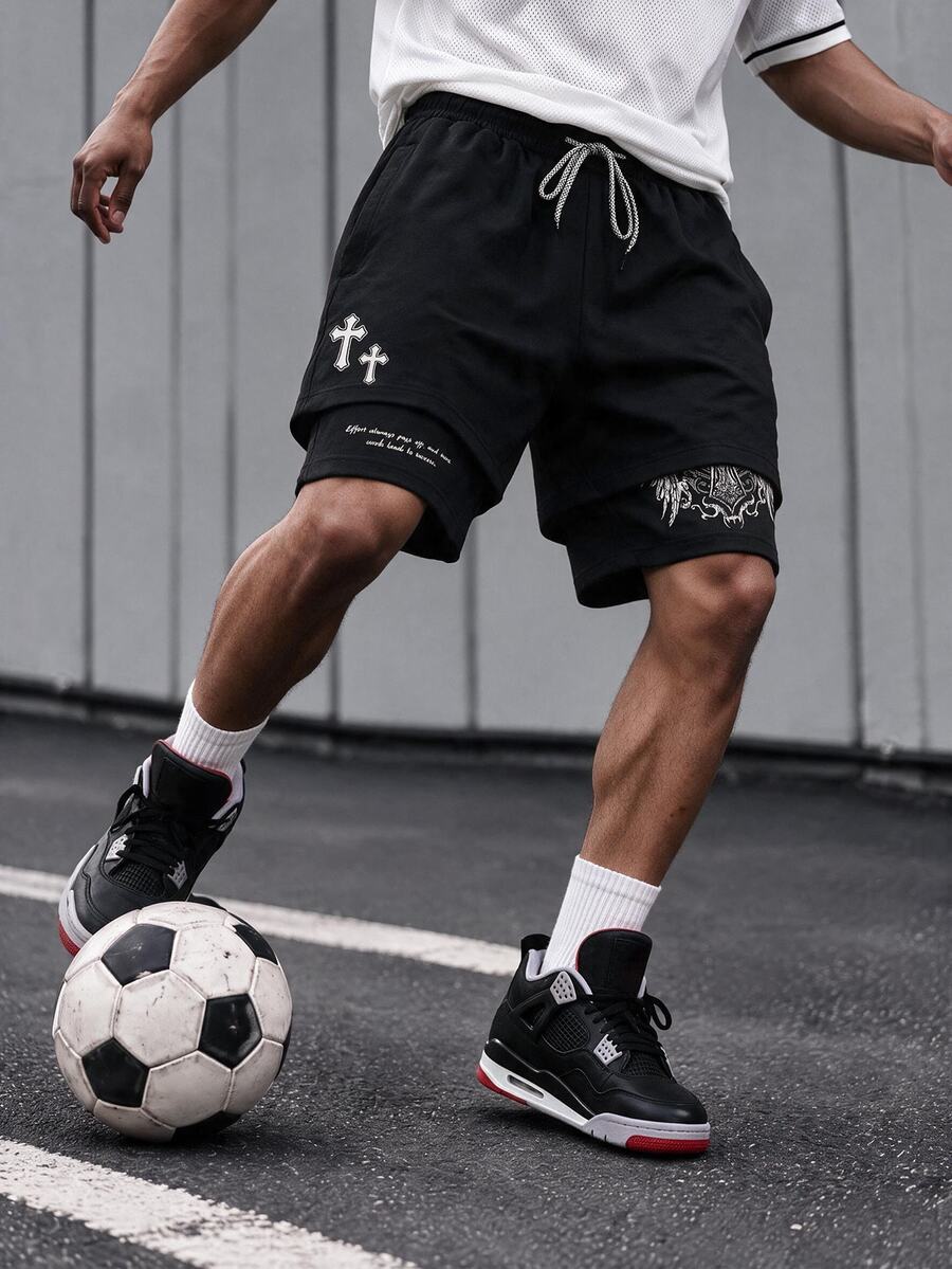 GymRaken Men's Cross Logo Print 2 In 1 Sports Shorts Sweat-Wicking Breathable Lightweight Minimalist Design Slim Fit For Workout Training Performance Gym - Black - View 1