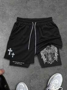 GymRaken Men's Cross Logo Print 2 In 1 Sports Shorts Sweat-Wicking Breathable Lightweight Minimalist Design Slim Fit For Workout Training Performance Gym - Black - View 2