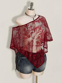 SHEIN ICON ملابس علوية علوية نسائية مقاس كبير من الدانتيل بكتف واحد وحافة غير متماثلة - عنابي اللون - مشاهدة 7