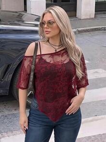 SHEIN ICON ملابس علوية علوية نسائية مقاس كبير من الدانتيل بكتف واحد وحافة غير متماثلة - عنابي اللون - مشاهدة 1