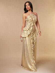 Silquee Women's Luxury Gold Sexy Ruffled Front-Slit Dress For Autumn/Winter – Perfect For Romantic Dates, Parties, Bridesmaids, And Evening Gatherings - Gold - View 7