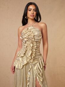 Silquee Women's Luxury Gold Sexy Ruffled Front-Slit Dress For Autumn/Winter – Perfect For Romantic Dates, Parties, Bridesmaids, And Evening Gatherings - Gold - View 8