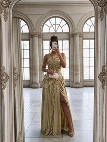 Silquee Women's Luxury Gold Sexy Ruffled Front-Slit Dress For Autumn/Winter – Perfect For Romantic Dates, Parties, Bridesmaids, And Evening Gatherings - Gold - View 4