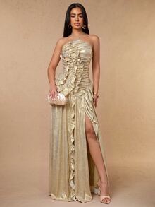 Silquee Women's Luxury Gold Sexy Ruffled Front-Slit Dress For Autumn/Winter – Perfect For Romantic Dates, Parties, Bridesmaids, And Evening Gatherings - Gold - View 5