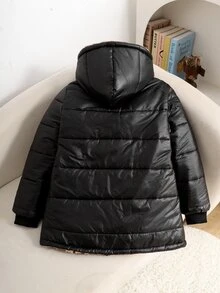 SHEIN Tween Girl 1件兒童長袖秋冬夾克，豹紋抓絨，舒適保暖，素色設計 - 黑色 - 查看 2