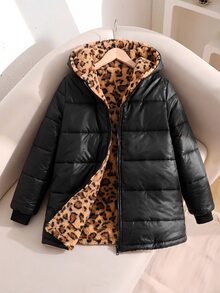 SHEIN Tween Girl 1件兒童長袖秋冬夾克，豹紋抓絨，舒適保暖，素色設計 - 黑色 - 查看 5