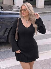 SHEIN ICON 女式复古简约V领喇叭袖毛绒罗纹黑色紧身连衣裙，秋冬 - 黑色 - 查看 1