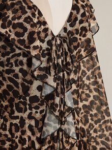 SHEIN ICON Plus Size Retro Sexy Millennial Style Y2K Urban Modern Avant-Garde Bold Fashion Individual Leopard Print V-Neck Ruffled Bell Sleeve Flowy Ribbon Dress - Brown - View 8