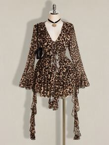 SHEIN ICON Plus Size Retro Sexy Millennial Style Y2K Urban Modern Avant-Garde Bold Fashion Individual Leopard Print V-Neck Ruffled Bell Sleeve Flowy Ribbon Dress - Brown - View 9