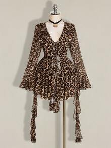 SHEIN ICON Plus Size Retro Sexy Millennial Style Y2K Urban Modern Avant-Garde Bold Fashion Individual Leopard Print V-Neck Ruffled Bell Sleeve Flowy Ribbon Dress - Brown - View 3