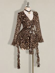 SHEIN ICON Plus Size Retro Sexy Millennial Style Y2K Urban Modern Avant-Garde Bold Fashion Individual Leopard Print V-Neck Ruffled Bell Sleeve Flowy Ribbon Dress - Brown - View 5