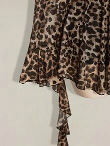 SHEIN ICON Plus Size Retro Sexy Millennial Style Y2K Urban Modern Avant-Garde Bold Fashion Individual Leopard Print V-Neck Ruffled Bell Sleeve Flowy Ribbon Dress - Brown - View 6
