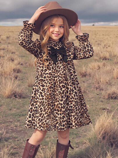 SHEIN Kids Young Girl Young Girls Cute Vacation Casual Apricot Plaid Pattern Bow Long Sleeve Loose Dress Autumn Flora