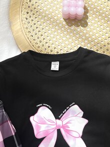 SHEIN 粉色條紋蝴蝶結印花 少女圓領長袖長褲寬鬆休閒睡衣套裝 2件組 秋冬款 - 粉色 - 查看 6