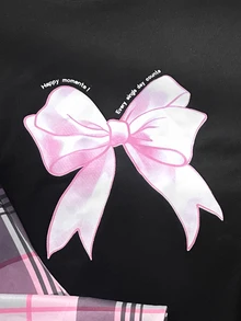 SHEIN 粉色條紋蝴蝶結印花 少女圓領長袖長褲寬鬆休閒睡衣套裝 2件組 秋冬款 - 粉色 - 查看 4