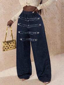 Slaydiva Women's Frayed Hem Casual Versatile Daily Wear Denim Jeans - Dark Wash - View 2