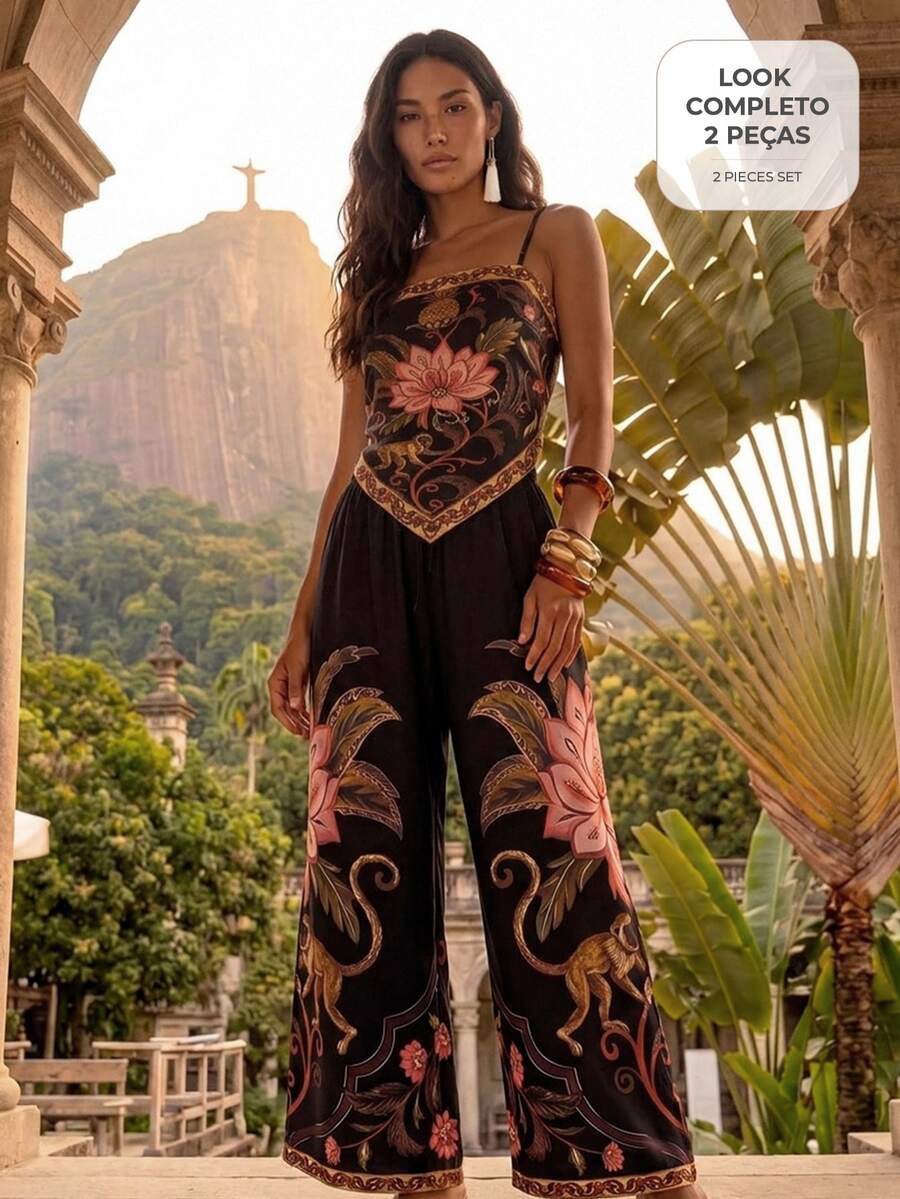 CAJUNI Tropical Vacation Dark Boho Triangle Top And Pants Coord - Multicolor - View 1