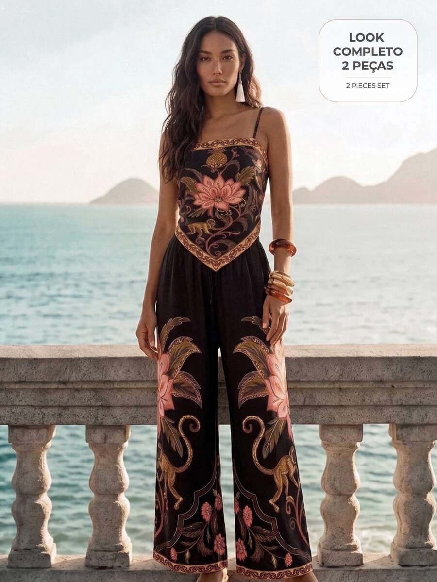 CAJUNI Tropical Vacation Dark Boho Triangle Top And Pants Coord - Multicolor - View 1