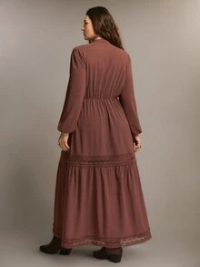 Freevana 大尺碼女款復古長洋裝，秋冬季 - 咖啡棕 - 查看 2