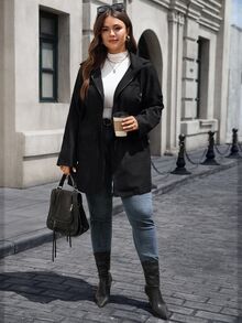 EMERY ROSE Plus Size Solid Color Cinched Waist Zipper Front Long Sleeve Utility Jacket Women Coats Fall Autumn Spring Hiking Black Business Casual Baggy Cute - Black - View 5