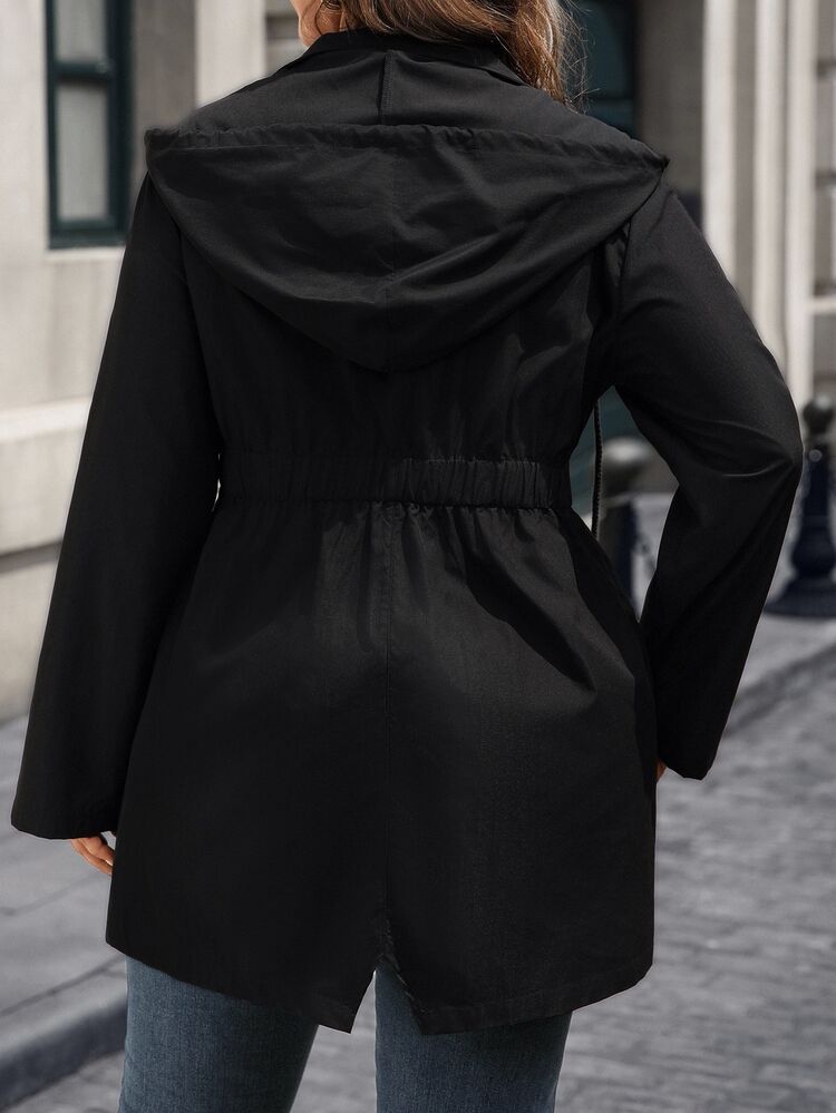 EMERY ROSE Plus Size Solid Color Cinched Waist Zipper Front Long Sleeve Utility Jacket Women Coats Fall Autumn Spring Hiking Black Business Casual Baggy Cute - Black - View 2