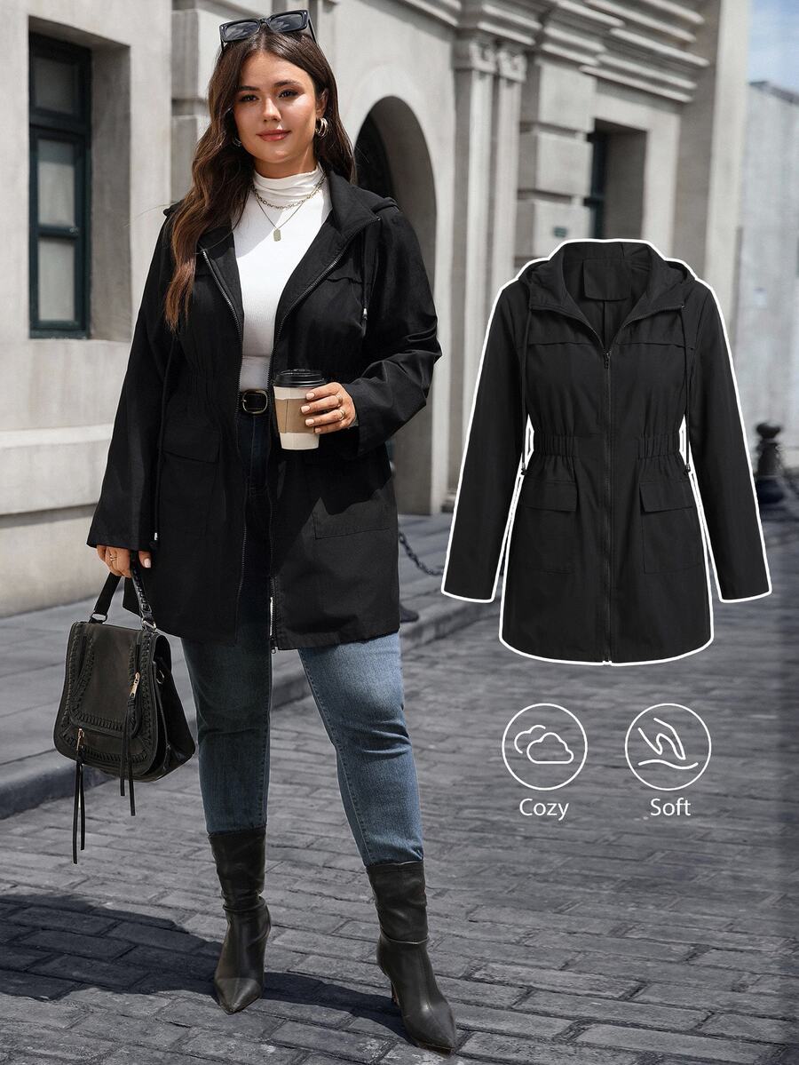 EMERY ROSE Plus Size Solid Color Cinched Waist Zipper Front Long Sleeve Utility Jacket Women Coats Fall Autumn Spring Hiking Black Business Casual Baggy Cute
