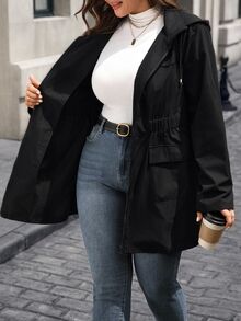 EMERY ROSE Plus Size Solid Color Cinched Waist Zipper Front Long Sleeve Utility Jacket Women Coats Fall Autumn Spring Hiking Black Business Casual Baggy Cute - Black - View 9