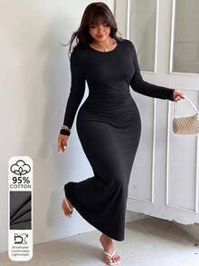 GalTyme Plus Size Women's Round Neck Long Sleeve Solid Color Fitted Dress - Black - View 7