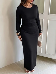 GalTyme Plus Size Women's Round Neck Long Sleeve Solid Color Fitted Dress - Black - View 4