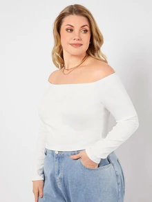SHEIN BASICS Plus Cold Shoulder Crop Top Summer Fall Autumn Clothes - White - View 7