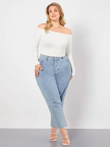 SHEIN BASICS Plus Cold Shoulder Crop Top Summer Fall Autumn Clothes - White - View 4