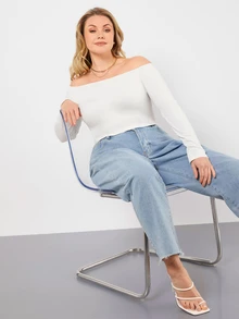 SHEIN BASICS Plus Cold Shoulder Crop Top Summer Fall Autumn Clothes - White - View 5