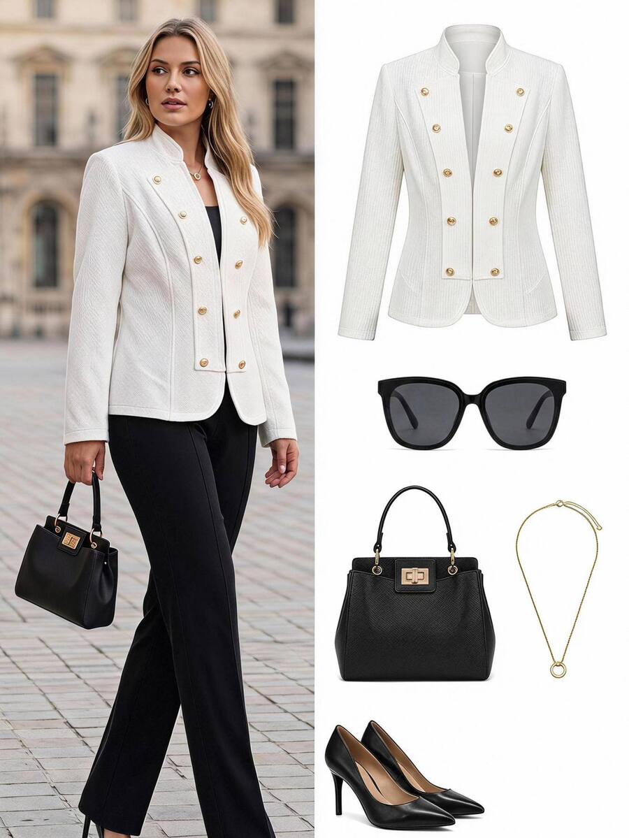 Chikora Plus Size Women Solid Color Double-Breasted Button Design Open Front Jacket Office Formal Party White Autumn Elegant Business Casual Smart Fall - Apricot - View 1