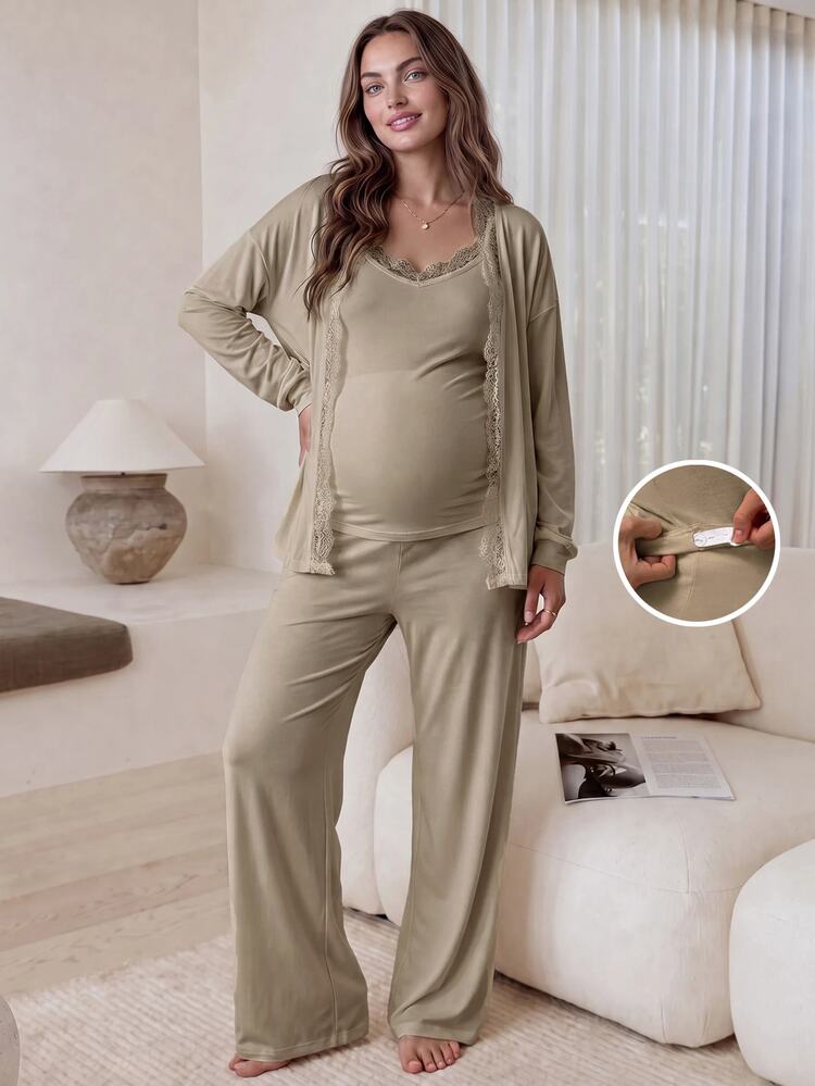Slowluna Maternity Lace Patchwork Camisole Top And Adjustable Waist Long Pants And Cardigan Casual Daily 2 Pieces Set Fall - Khaki - View 3
