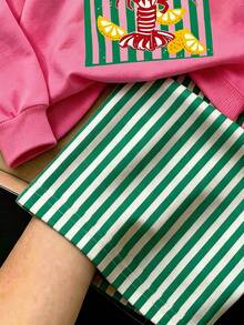 Young Girl Casual Dusty Pink Crayfish Print Soft Thick Long Sleeve Crew Neck Pullover Sweatshirt And Wide Leg Pants Set, Suitable For Autumn/Winter, Street Retro Style, Comfortable And Relaxed, Children's Autumn Layering, Y2K, Sportswear, Outdoor, Street Style, Chill - Multicolor - View 6