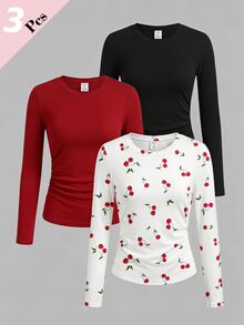 (3 Pcs) Autumn Women's Teen Casual Fashion Minimalist Black Red White Leaf Cherry Pattern Ruched Waist Long Sleeve Top T - Multicolor - View 3
