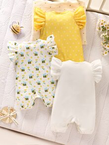 SHEIN 3-Piece Summer Newborn Baby Girl Sleeveless Ruffled White & Yellow Cartoon Bee Polka Dot Print Romper Set Cute Gender Neutral Family Matching - Multicolor - View 3