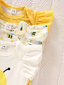 SHEIN 3-Piece Summer Newborn Baby Girl Sleeveless Ruffled White & Yellow Cartoon Bee Polka Dot Print Romper Set Cute Gender Neutral Family Matching - Multicolor - View 6