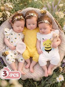 SHEIN 3-Piece Summer Newborn Baby Girl Sleeveless Ruffled White & Yellow Cartoon Bee Polka Dot Print Romper Set Cute Gender Neutral Family Matching - Multicolor - View 4