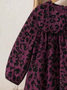 SHEIN Elladie kids 秋季少女仙女風洋裝，燈芯絨酒紅色翻領長袖寬鬆公主裙，生日禮物嬰兒洗禮禮物 - 酒紅色 - 查看 4