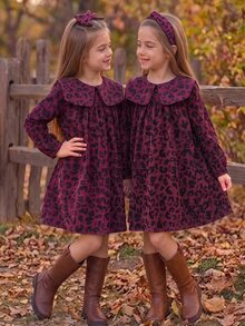 SHEIN Elladie kids 秋季少女仙女風洋裝，燈芯絨酒紅色翻領長袖寬鬆公主裙，生日禮物嬰兒洗禮禮物 - 酒紅色 - 查看 1