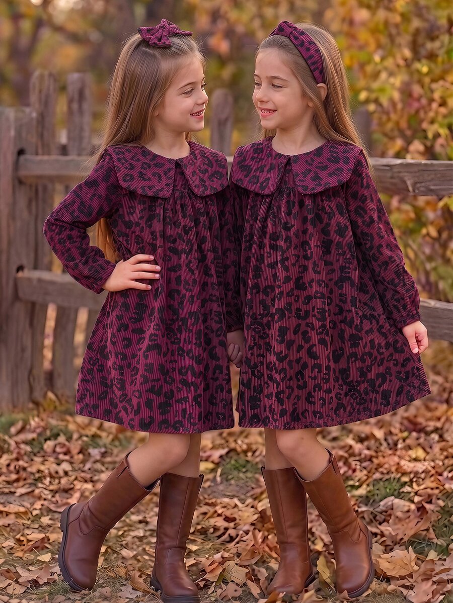 SHEIN Elladie kids 秋季少女仙女風洋裝，燈芯絨酒紅色翻領長袖寬鬆公主裙，生日禮物嬰兒洗禮禮物 - 酒紅色 - 查看 1
