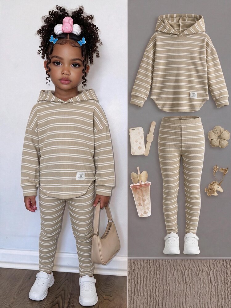 SHEIN Young Girls Plaid Hooded Outerwear Co-Ords, Long Sleeve Top, Autumn, Fall Tops Striped Casual Sets - Apricot - View 3