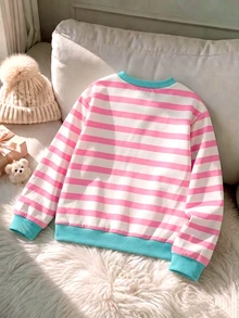Elladie kids Girls Casual Striped Letter Print Thermal Lined Pullover Long Sleeve Sweatshirt, Autumn/Winter Top - Multicolor - View 2