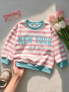 Elladie kids Girls Casual Striped Letter Print Thermal Lined Pullover Long Sleeve Sweatshirt, Autumn/Winter Top - Multicolor - View 3