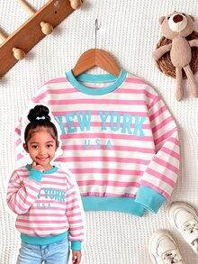 Elladie kids Girls Casual Striped Letter Print Thermal Lined Pullover Long Sleeve Sweatshirt, Autumn/Winter Top - Multicolor - View 6