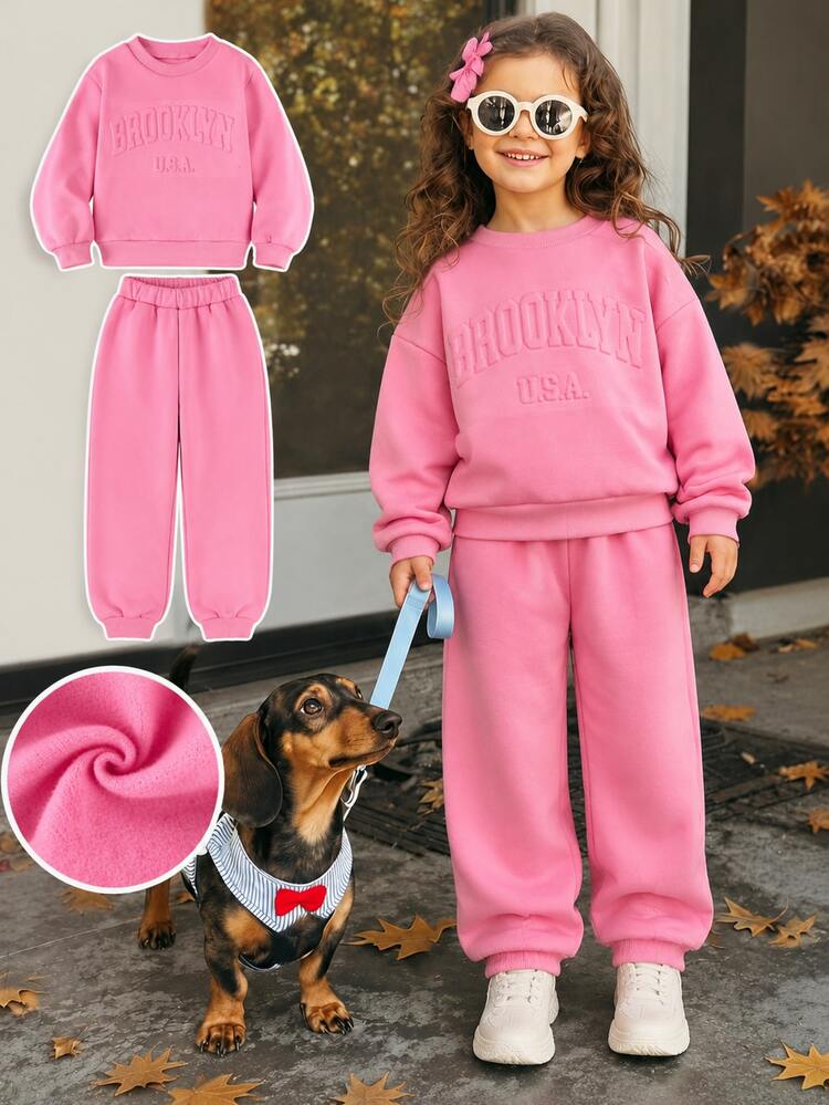 Young Girl Girls Co Ord Set 3D Embossed Print Pink Casual Sweatshirt And Pants Kids Girls Winter Clothes - Hot Pink - View 3