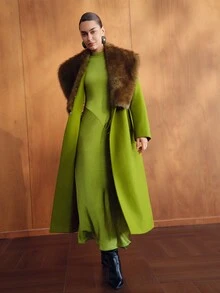 MOTF PREMIUM ELEGANT WOOL BLEND TWEED & FAUX FUR PATCHWORK MID-LENGTH OVERCOAT, AUTUMN/WINTER - Green - View 4