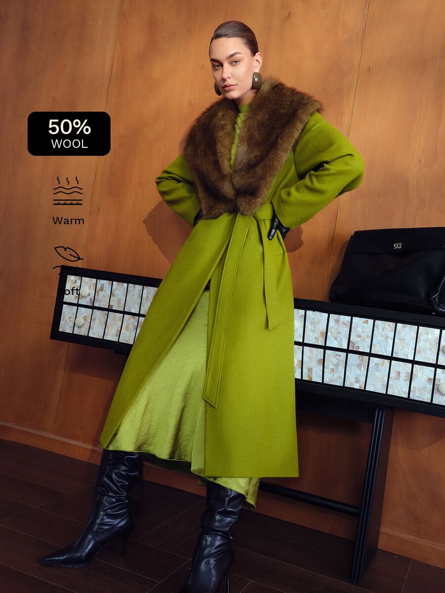 MOTF PREMIUM ELEGANT WOOL BLEND TWEED & FAUX FUR PATCHWORK MID-LENGTH OVERCOAT, AUTUMN/WINTER - Green - View 1